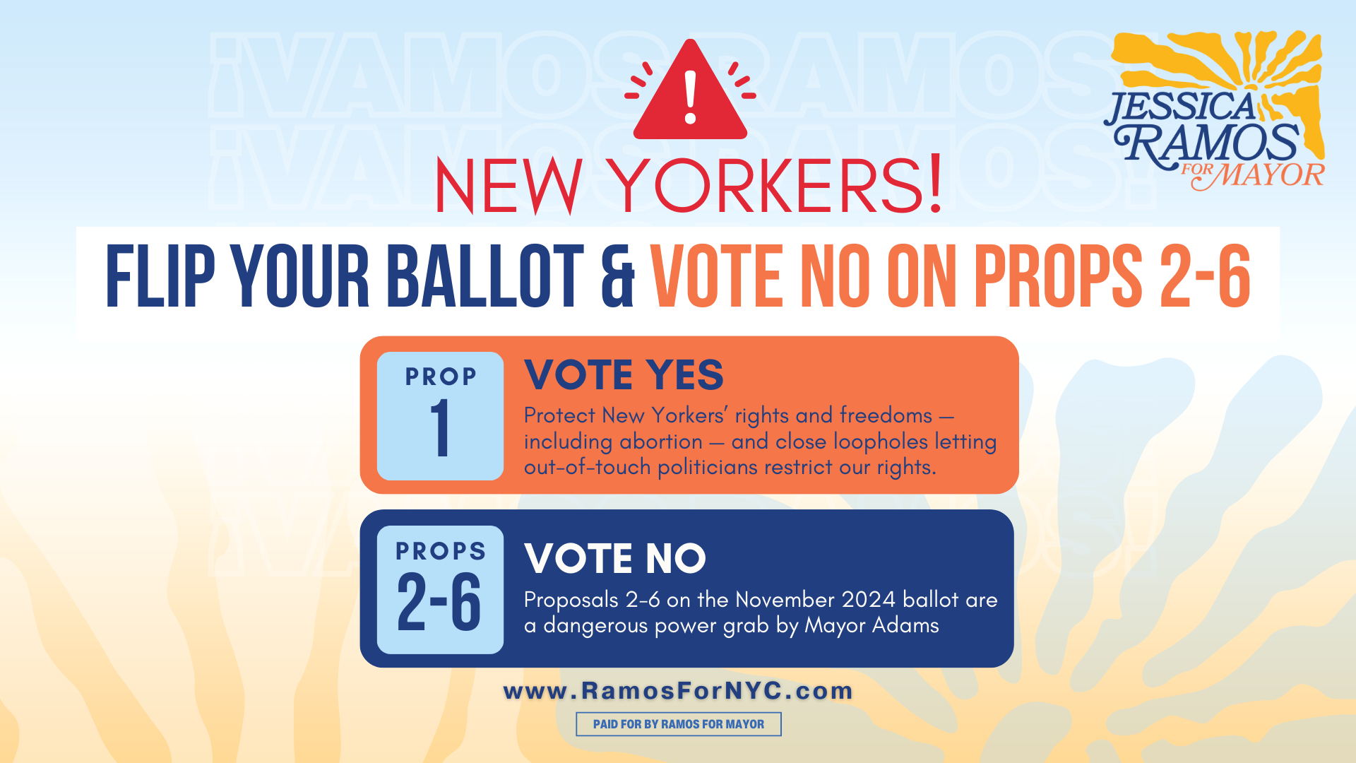 Graphic saying to VOTE YES on Prop 1 and VOTE NO on Props 2,3,4,5, and 6.