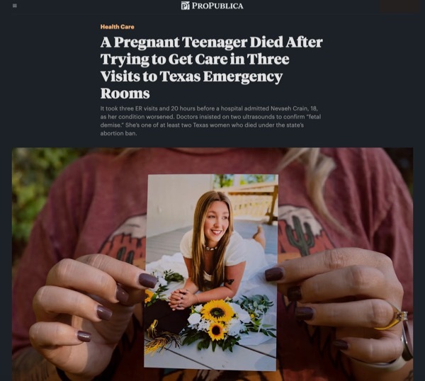 A screenshot of a ProPublica article with the headline, “A Pregnant Teenager Died After Trying to Get Care in Three Visits to Texas Emergency Rooms.”