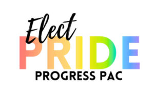 The logo for Elect Pride Progress PAC, with the word Pride in all caps with a rainbow fade effect.