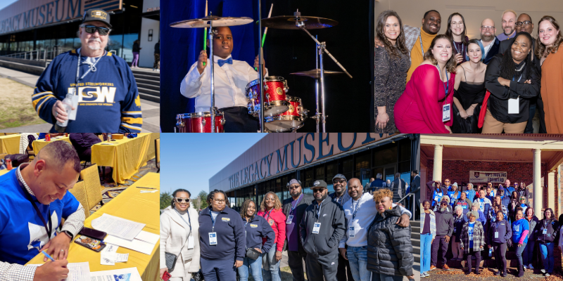 A mosaic of photos from the 2024 MLK Conference, including the gala, museum visit and music performance.