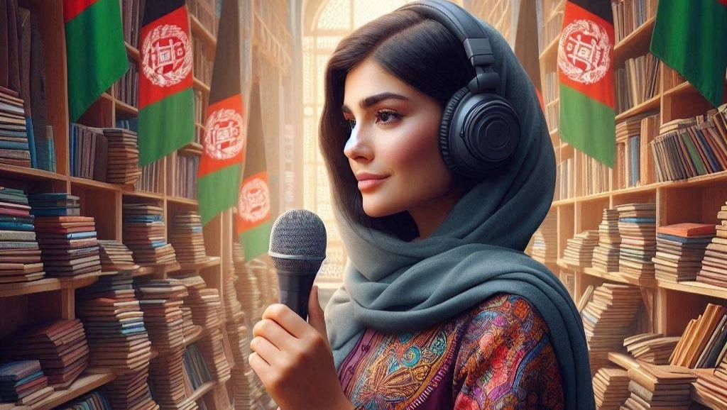 image of a young Afghan woman in a bookshop. She is wearing headphones and holding a microphone.