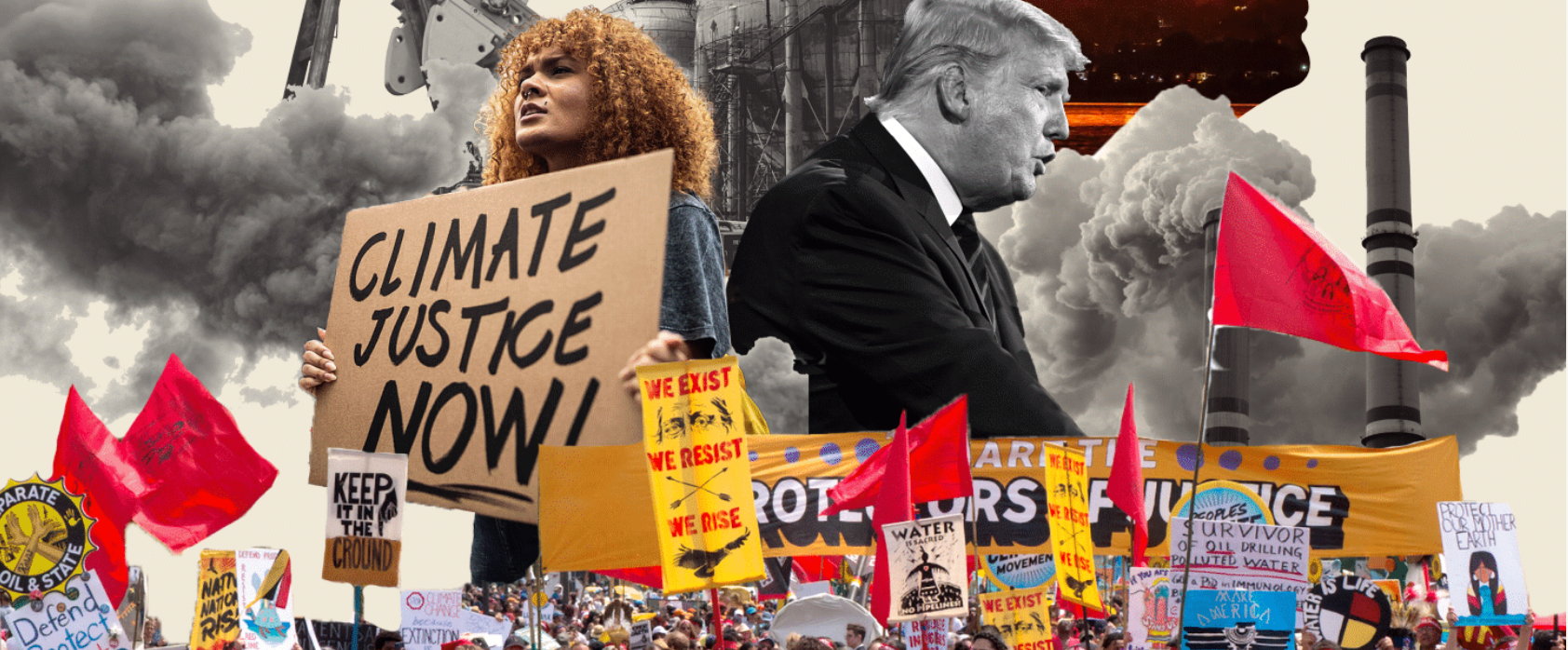 A montage shows trump casting a shadow of fossil fuels in front of a defiant crowd of climate marchers