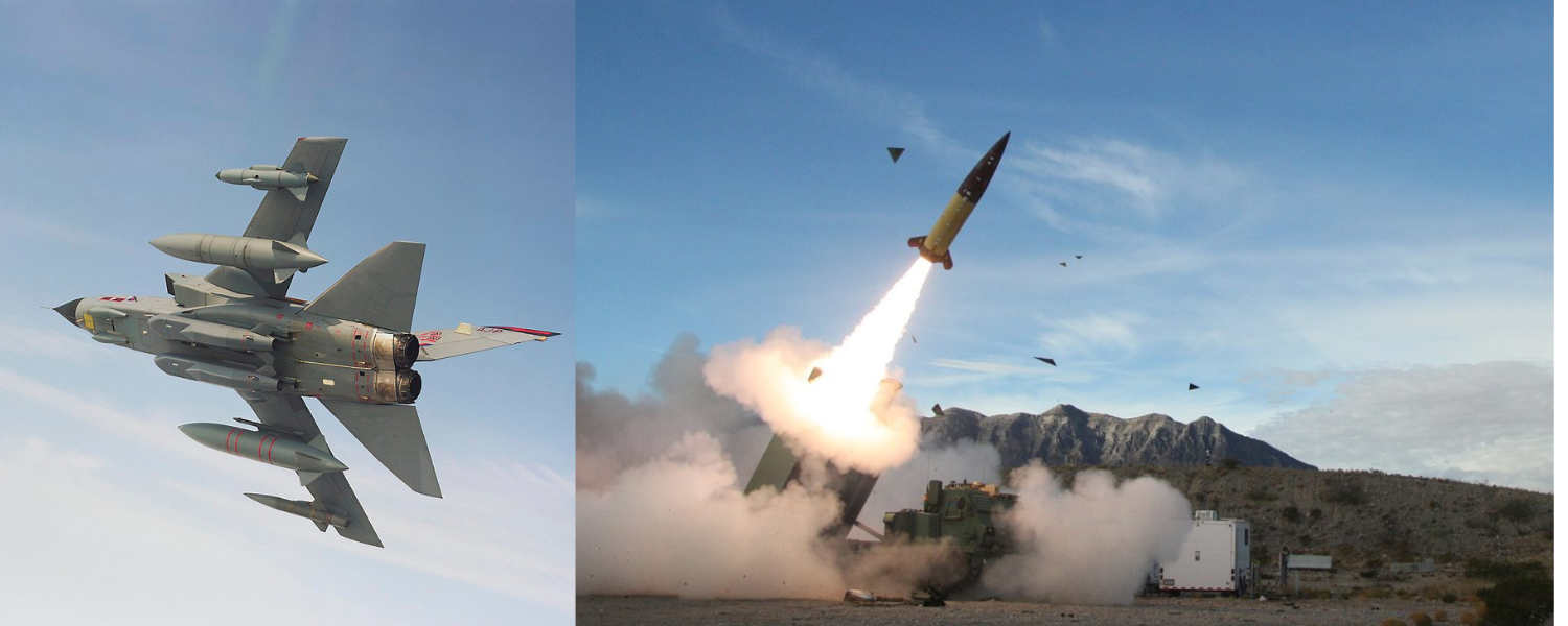 Images of a US Army Tactical Missile System in operation and an RAF Tornado aircraft armed with Storm Shadow missiles and an RAF 