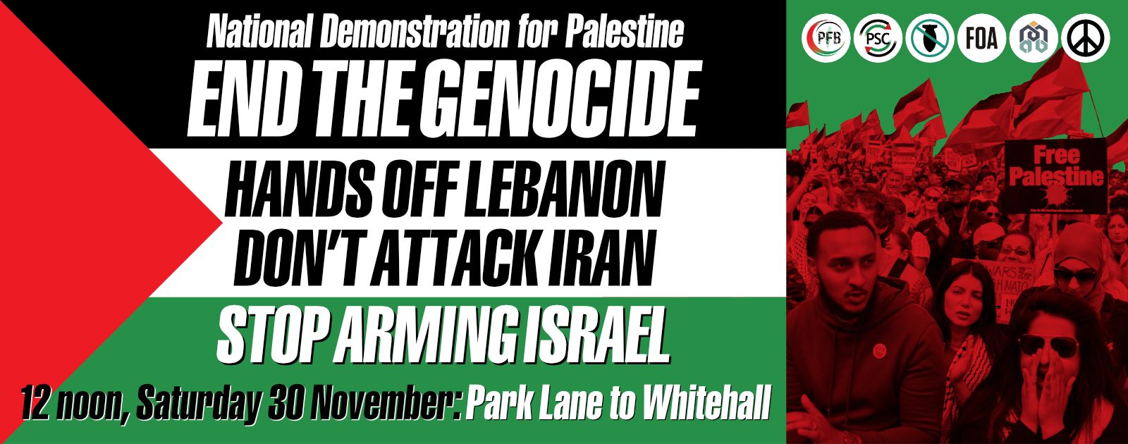 Poster for national demonstration for Palestine with logos of Palestine Coalition members. Text reads: 