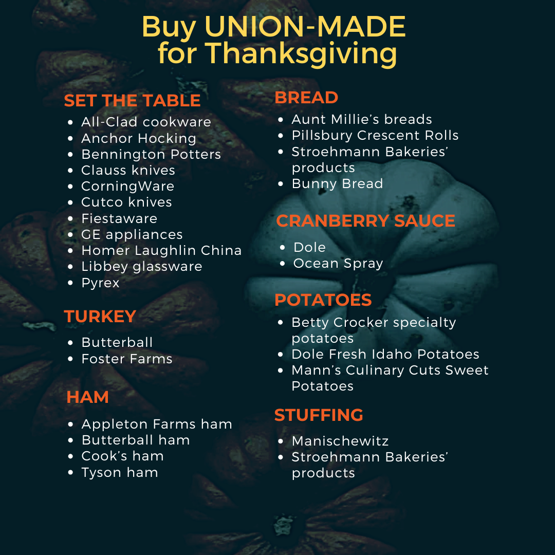 A graphic that reads, “Buy Union-Made for Thanksgiving” with a list of union-made foods and a graphic of pumpkins.