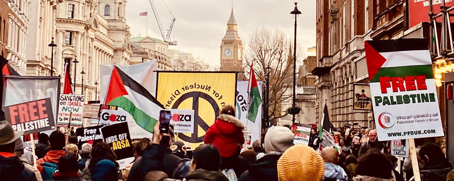 Image of crowd at national march for Palestine with CND banner visible. Big Ben is visible in the distance.