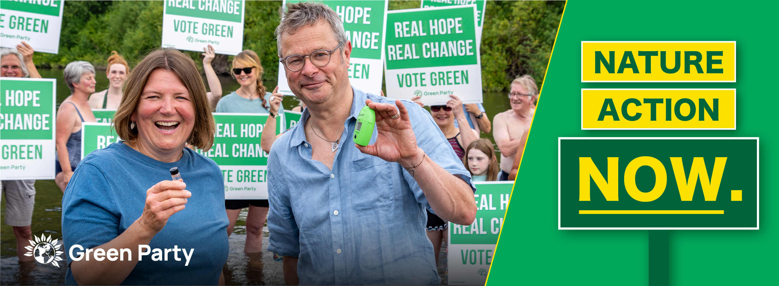 Nature Action Now banner with Ellie Chowns MP and Hugh Fearnley-Whittingstall.