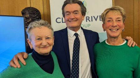 Jenny Jones pictured with water campaigners Feargal Sharkey and Professor Becky Malby.