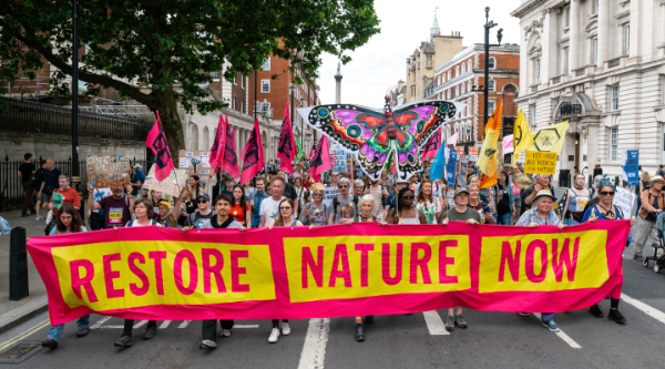 Large crowd behind Restore Nature Now banner in central London