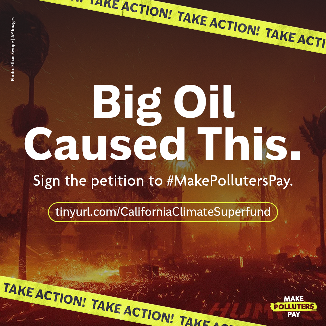 A photo of the fires on sunset boulevard with the words Big oil Caused This