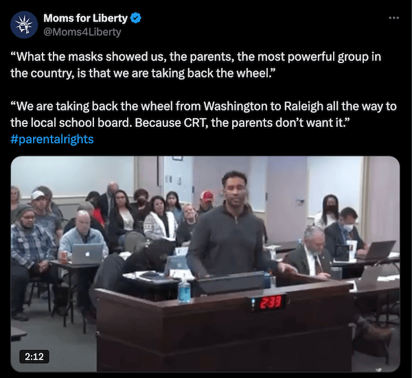 Moms for Liberty tweet criticizing critical race theory in schools.