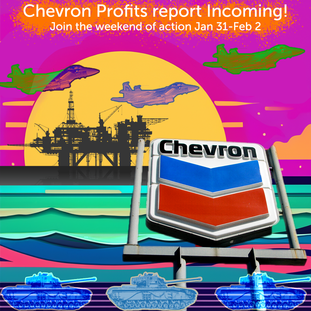 A Chevron gas station sign superimposed over a surreal pop-art sunset with an offshore drilling rig, fighter jets, and tanks in the foreground