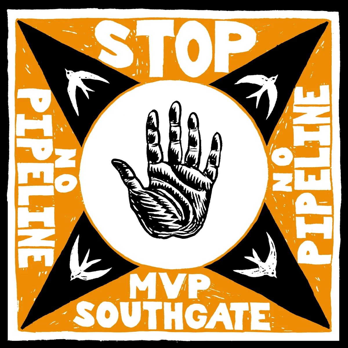 Stop MVP southgate poster with a hand and birds drawn on it