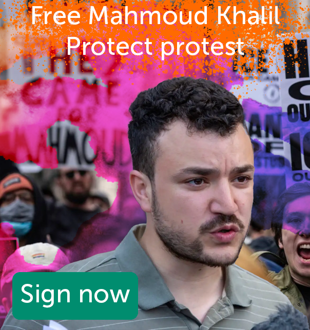 A photoshopped image shows Mahmoud Khalil over an image a protest calling for his release