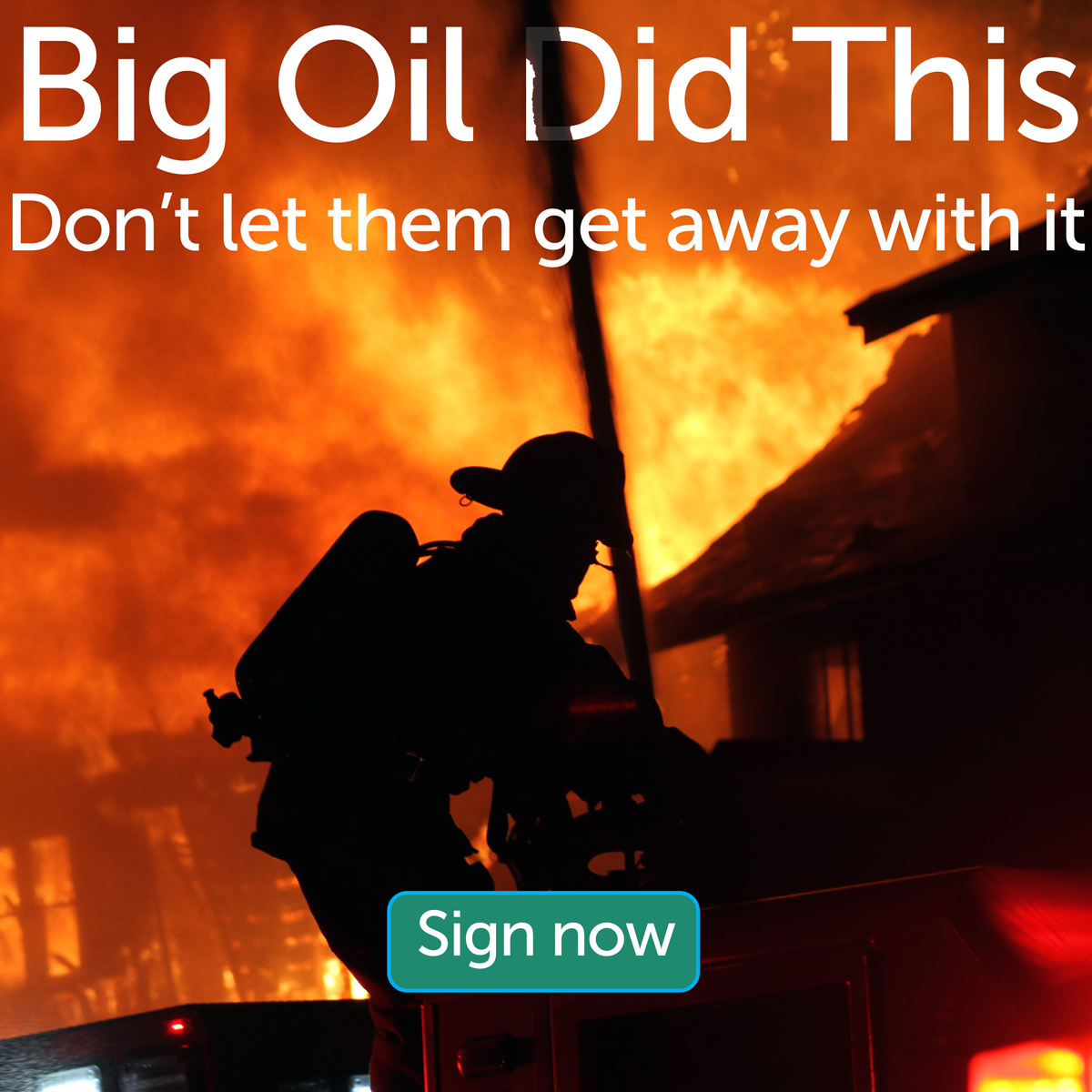 A photo of a firefighter spraying water on a burning house under the words 