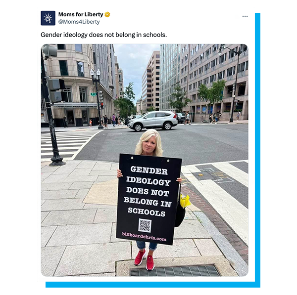 Tweet from Moms for Liberty saying 'Gender Ideology Does Not Belong in Schools'