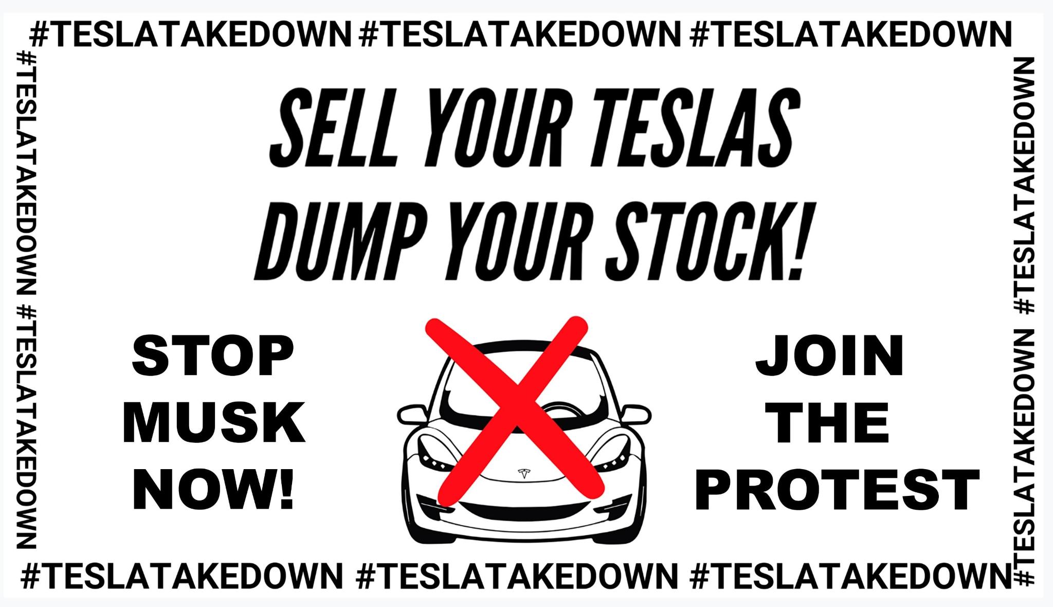 A Tesla Takedown flyer shows a Tesla with a red x over it