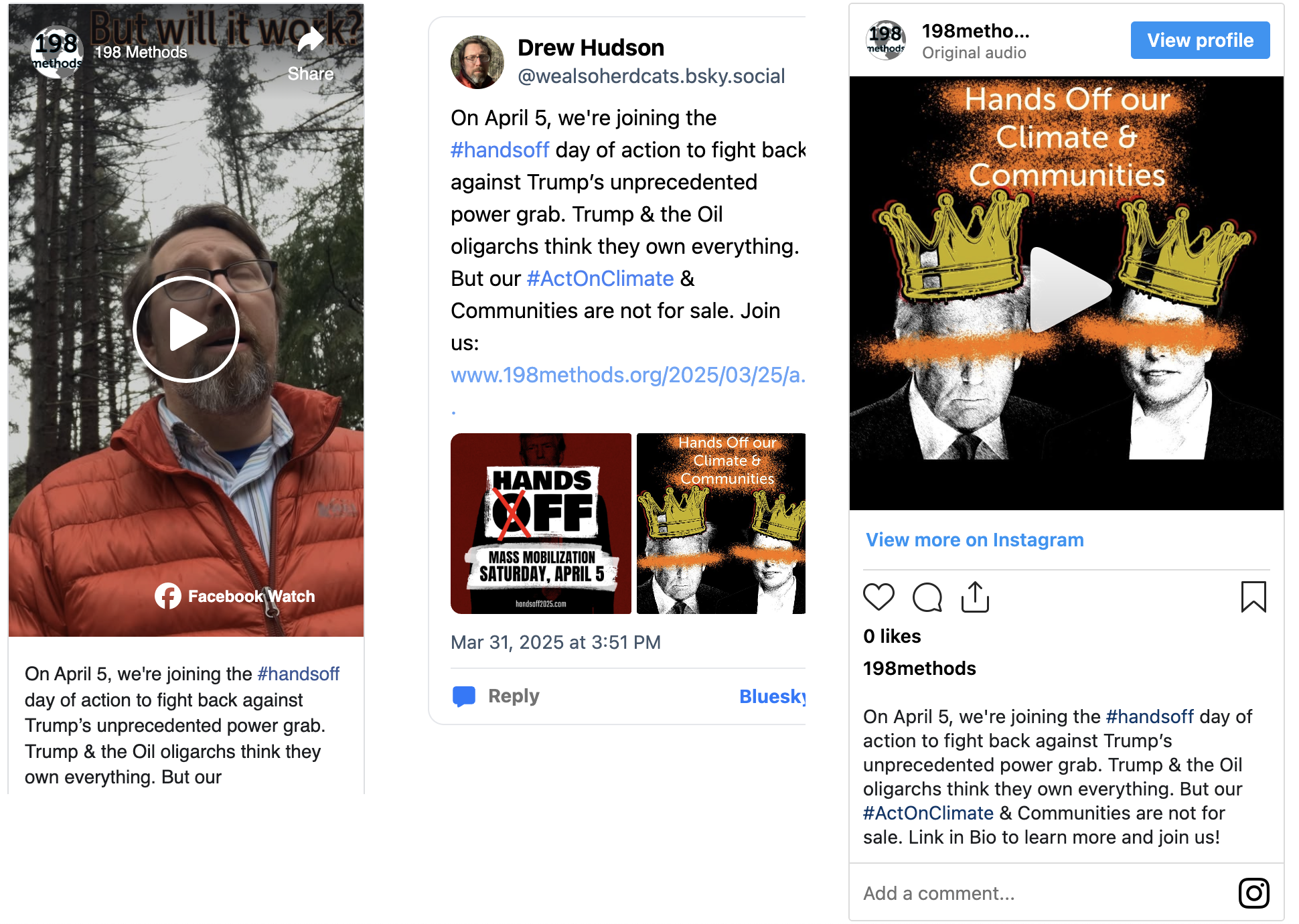 A Screenshot showing social media posts on Facebook, Bluesky, and Instagram