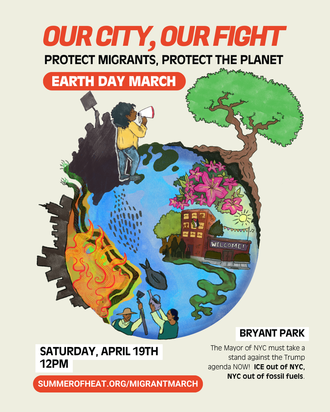 A poster for our march shows a globe with a young person in a yellow shirt walking across it towards a tree and the New York skyline in the background