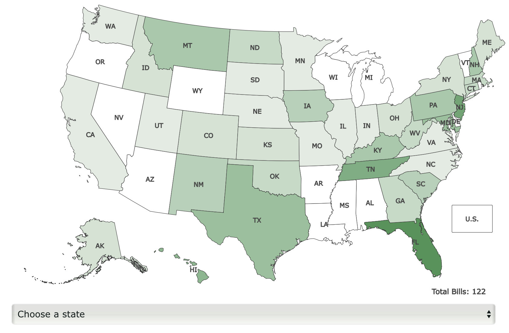 A map of the US with states shaded green to represent if marijuana-related legislation is pending there