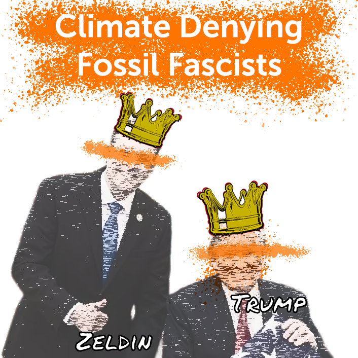 A picture of Zeldin and Trump wearing crowns that drip blood and oil under the words 