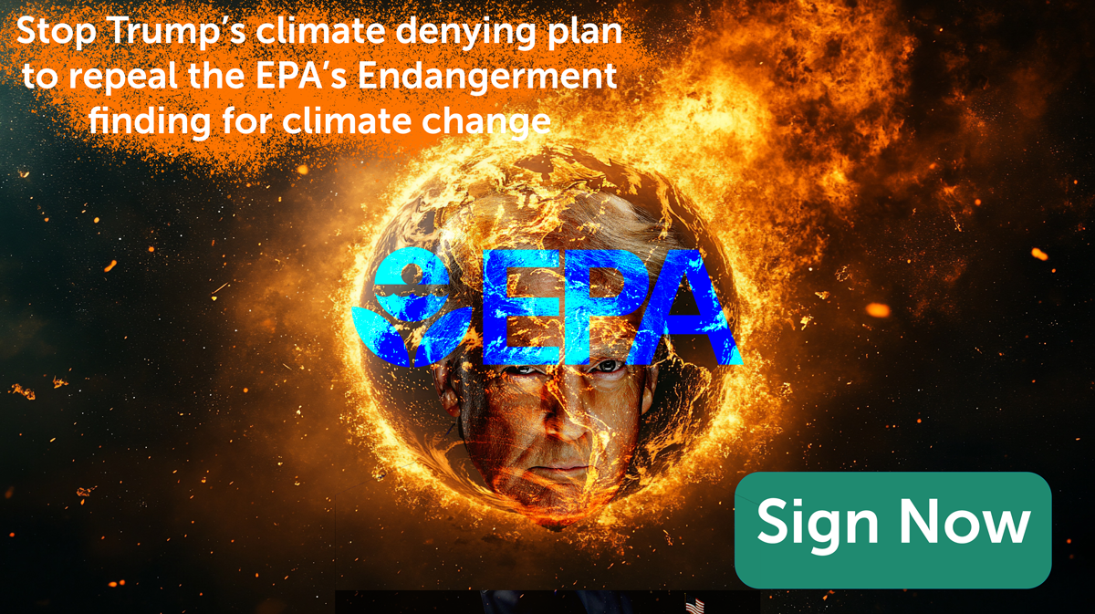A photoshopped image of a flaming earth with Trumps face and an EPA logo superimposed under the words 