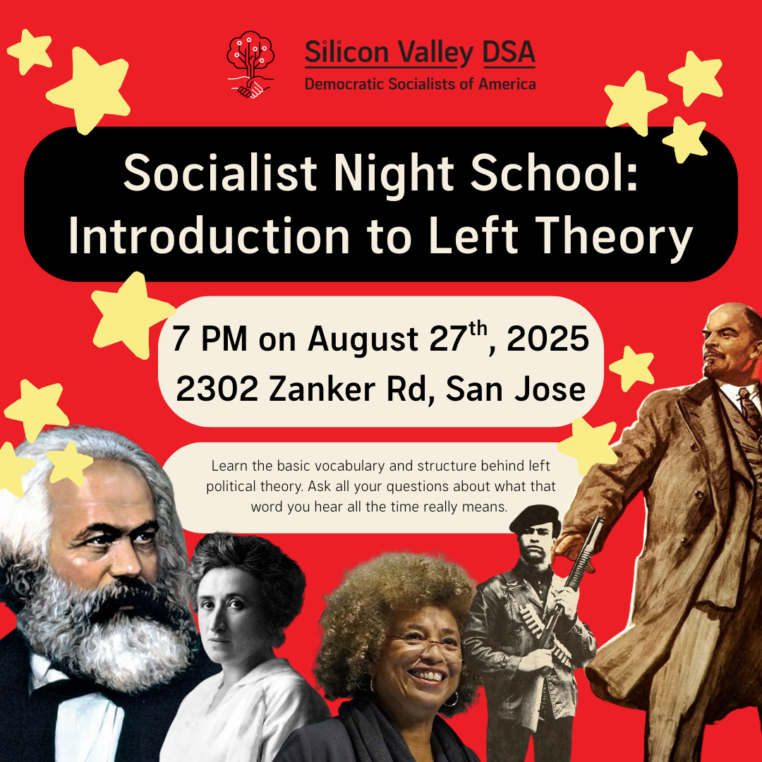 A graphic with images of well known leftists promoting the topic of Socialist Night School