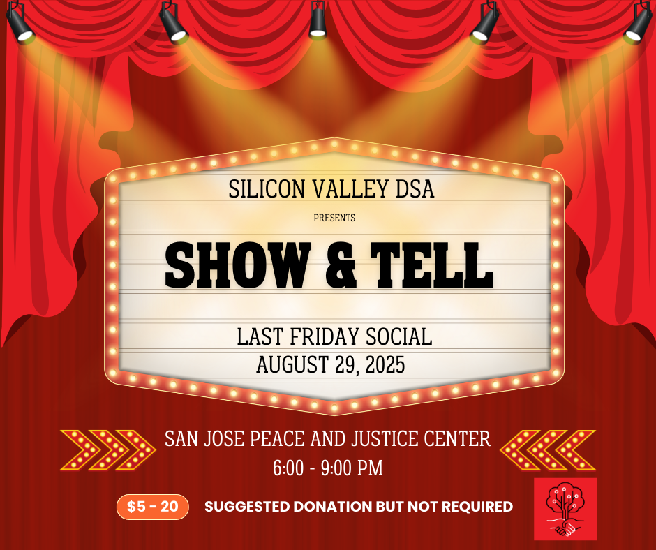 Red curtains unveil a marquee highlighting the Show and Tell Fundraiser