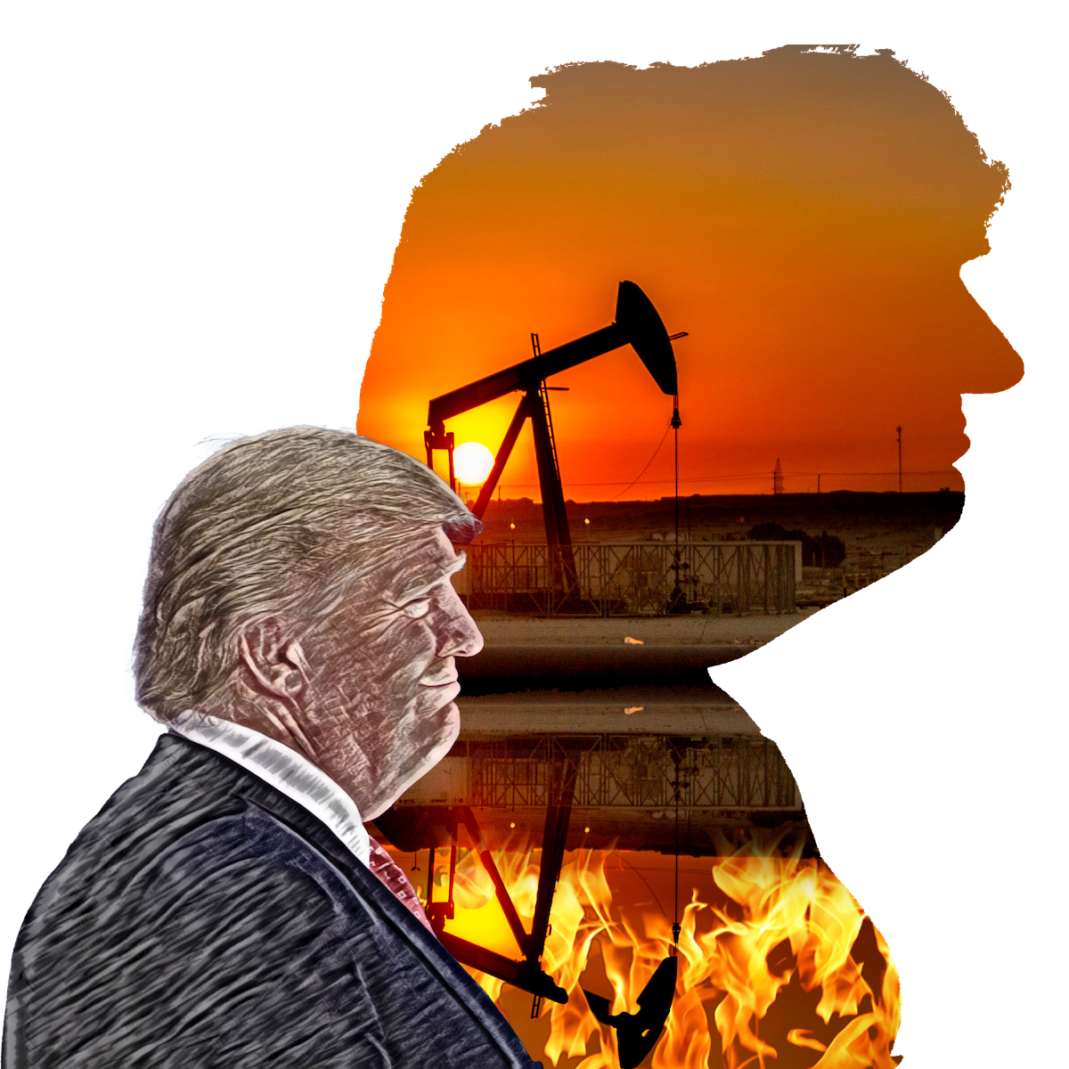 A picture of Trump casts a shadow showing a mirror image of a sunset over an oil pumpkack, and an upside version where everything is on fire