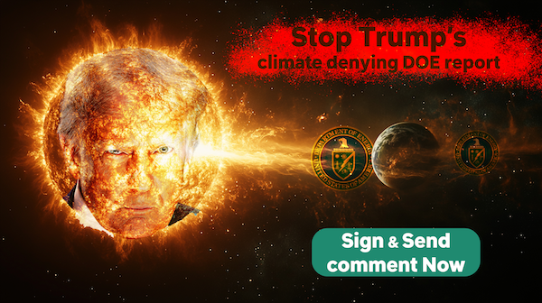 A picture of the sun with Trump's face superimposed on it. The sun is emitting a massive flare towards earth that passes through a DOE logo, on the far side of the Earth the flare has scorched the DOE logo into a dark reflection, smaller.
