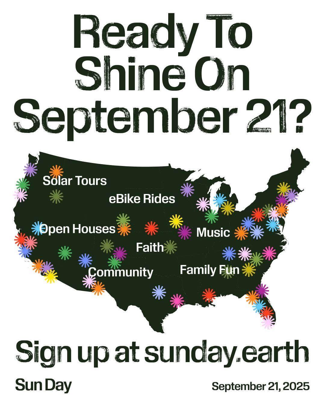 A Sun Day poster shows a map of the US with lots of events marked with a Sun shaped logo under the words 