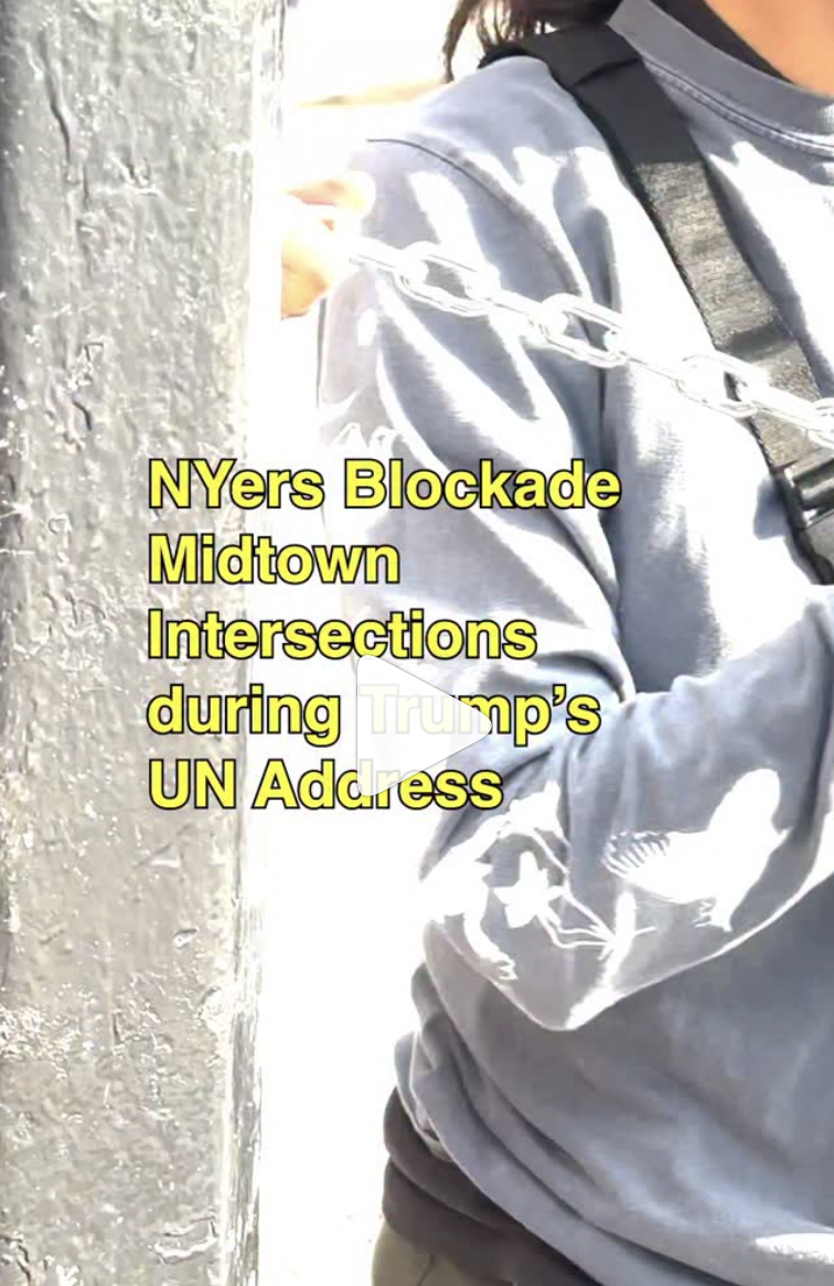 A video from our Tuesday action shows someone stringing a chain across a new York City street to stop traffic