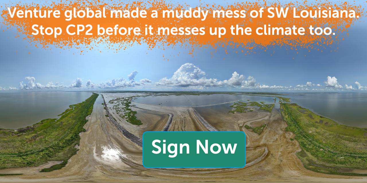A panoramic view of mud and dredging spoils leaking into a local waterway in SW LA under a clear blue sky.
