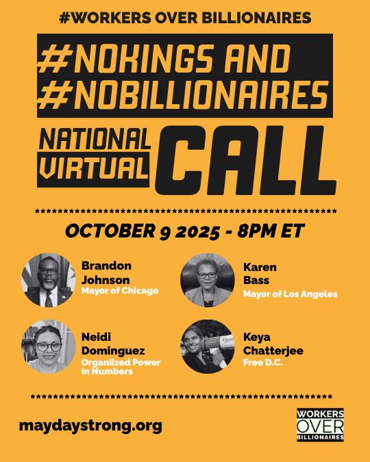 A flyer for our thursday call has pictures of Mayor Johnson, mayor Bass, and other speakers.