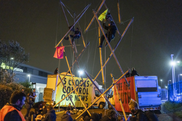 Rebels on tensegrity bamboo structure block of Broxbourne printers