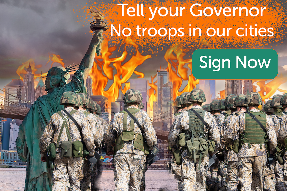 An illustration shows National Guard troops marching in the foreground, while in the background the statue of liberty faces the new York City skyline in flames