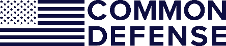 Common Defense logo featuring a stylized American flag of navy blue stripes and stars to the left, with the words Common Defense in bold navy lettering to the right.