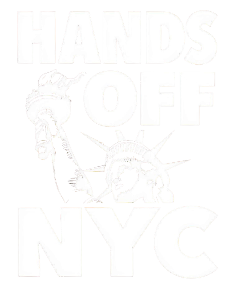 Hands off NYC logo shows the statue of liberty in front of a New York Skyline under the words Hands Off