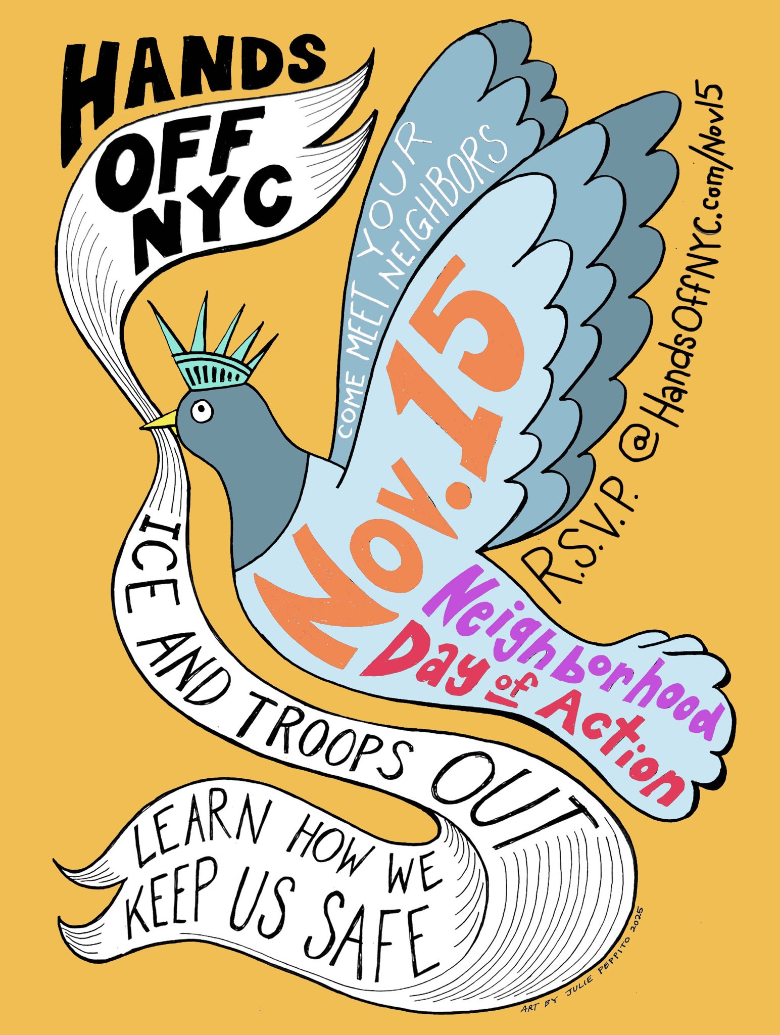 A poster for our Nov 15 events shows a pigeon wearing a Statue of Liberty crown carrying a banner that says 