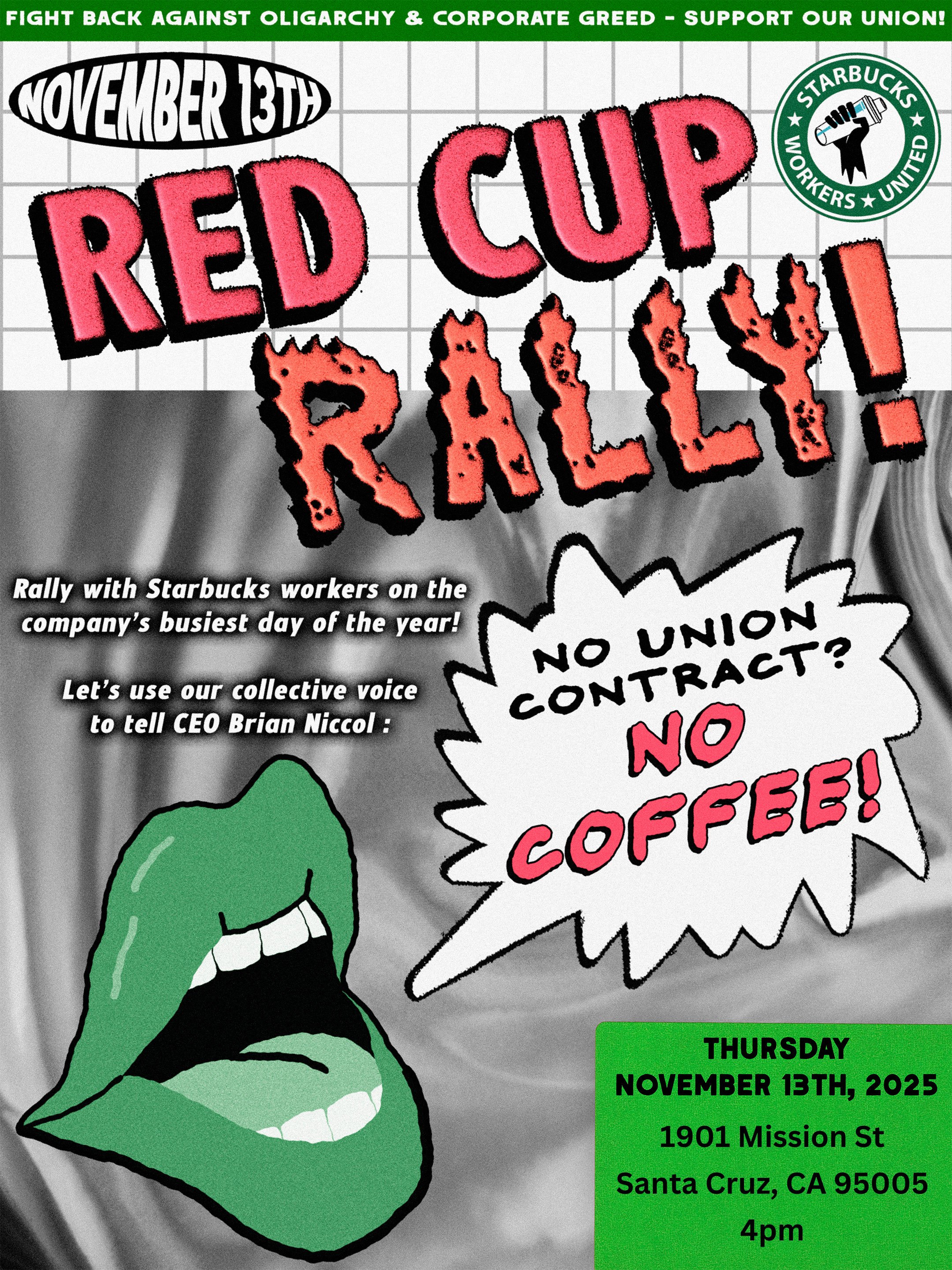 A flyer encouraging participants to join the Starbucks workers on strike during Red Cup Day