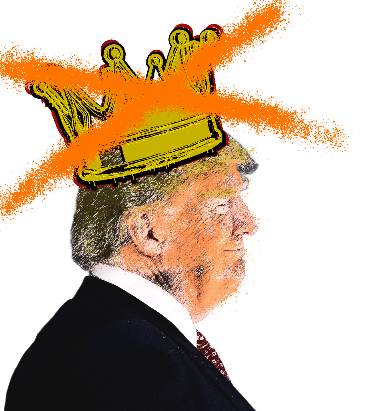 A picture of Trump wearing a crown that drips blood and oil with a big orange X spray painted across it
