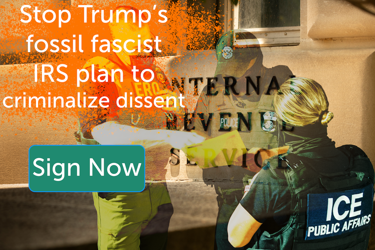 A photoshoppped image shows ICE and police agents in masks looking at a piece of paper in from of the IRS building in Washington DC