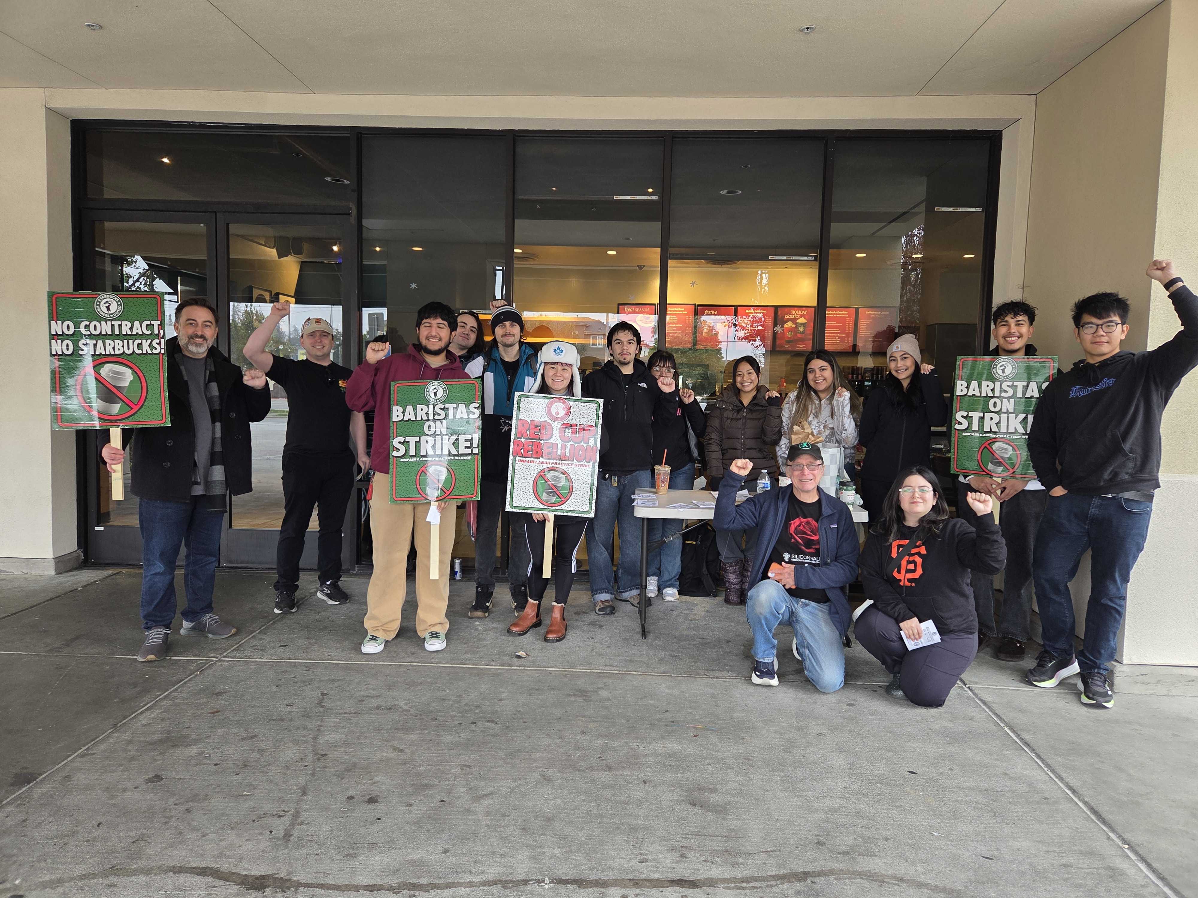 Silicon Valley DSA members and allies support striking Starbucks employees on the picket line in San Jose