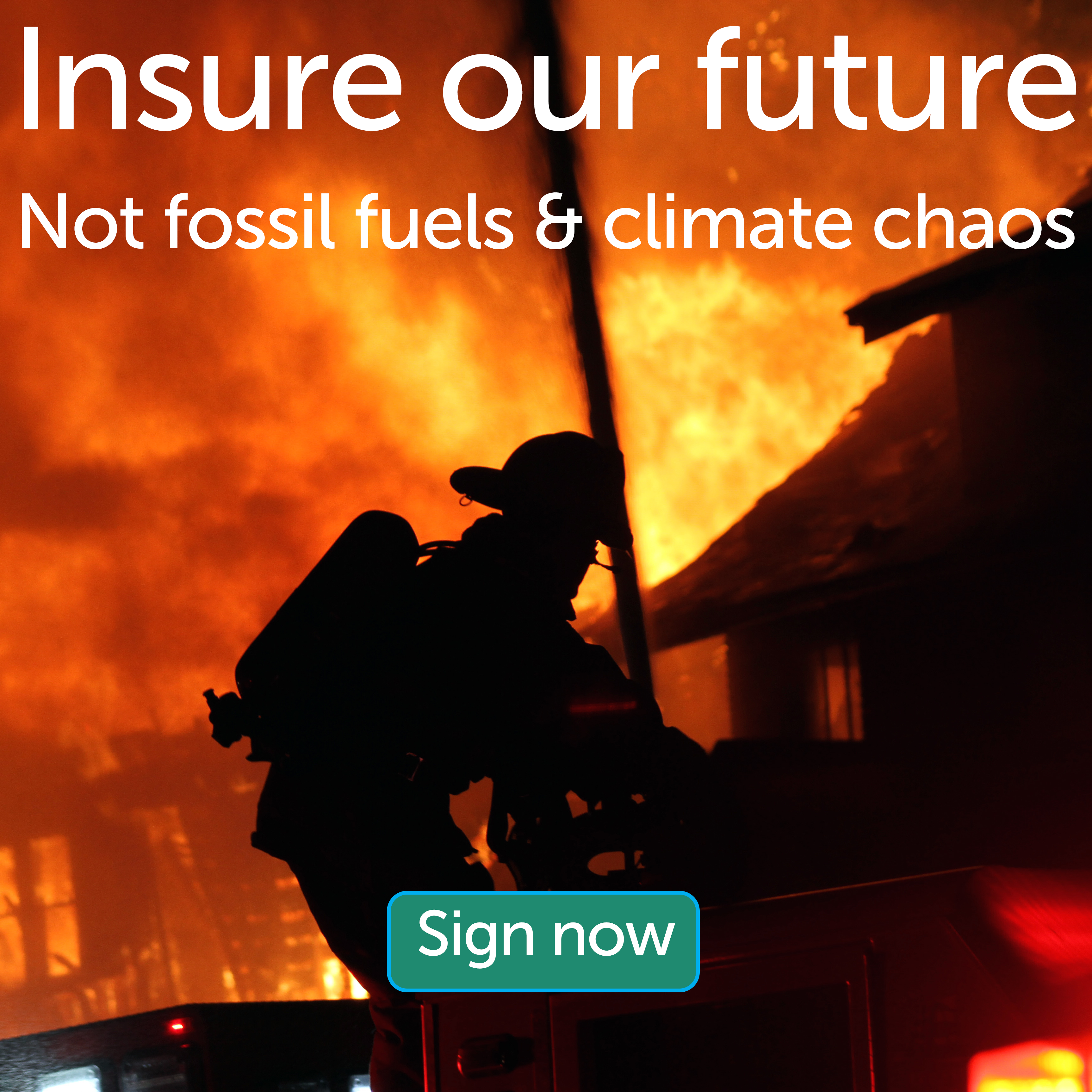 A silhouette of a firefighter spraying water on a burning house under the words 