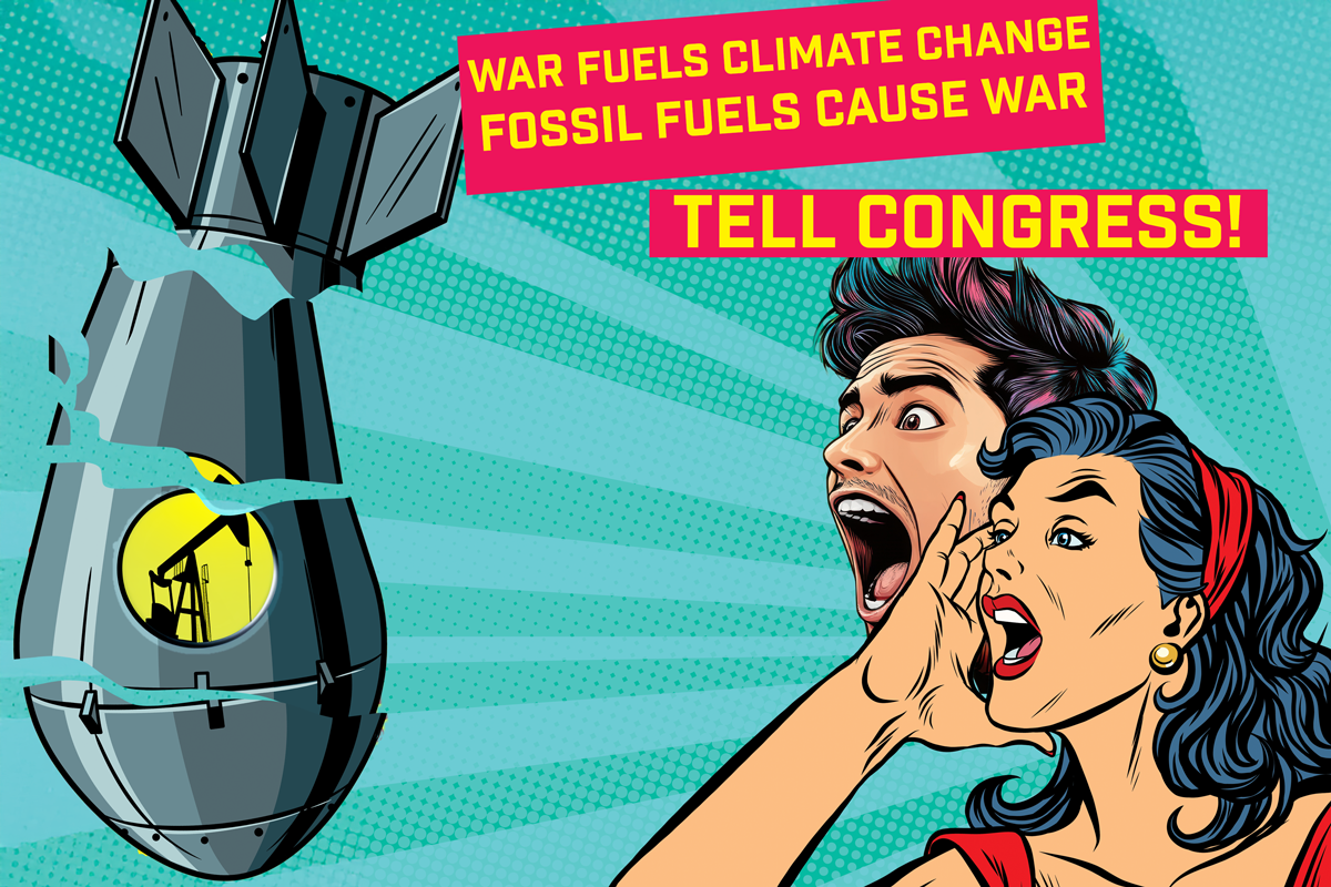 A woman and man shout and their cries break a bomb with a pumpjack oil derrick on it under the words 