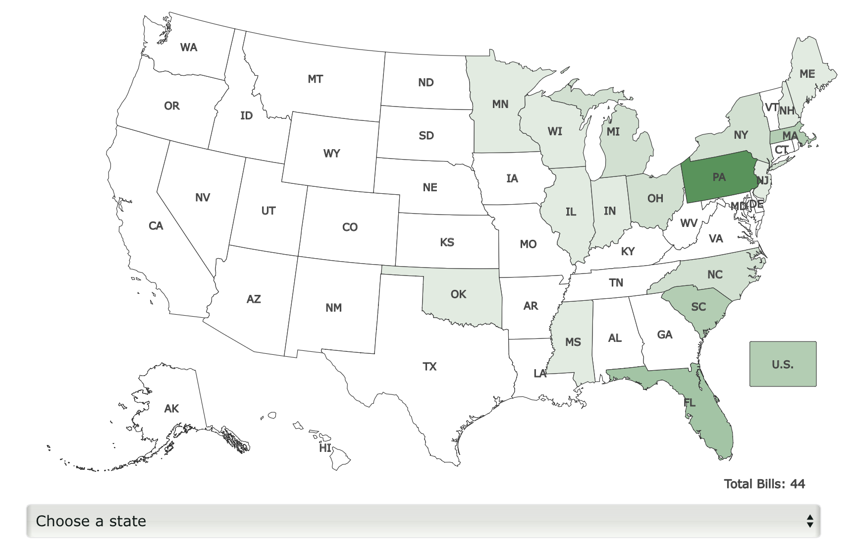 Map of the US with pending marijuana legislation states highlighted