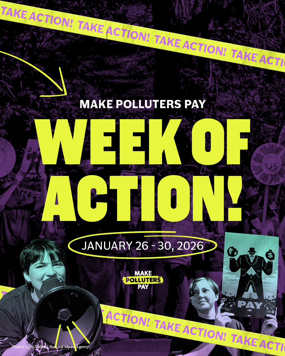 a Make Polluters pay week of action flyer shows two people - one holding a bullhorn and the other holding a sign under the words 