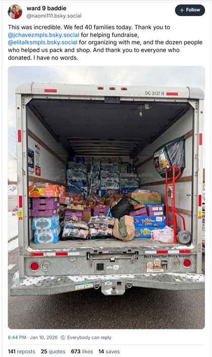 A truck full of food that Minneapolis City Councilmember Jason Chavez helped organize.