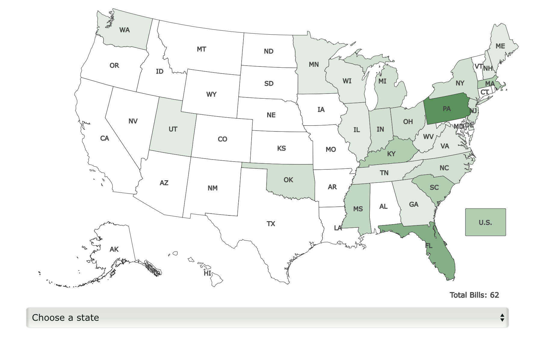 a map of the US with states shaded to represent filed marijuana-related legislation