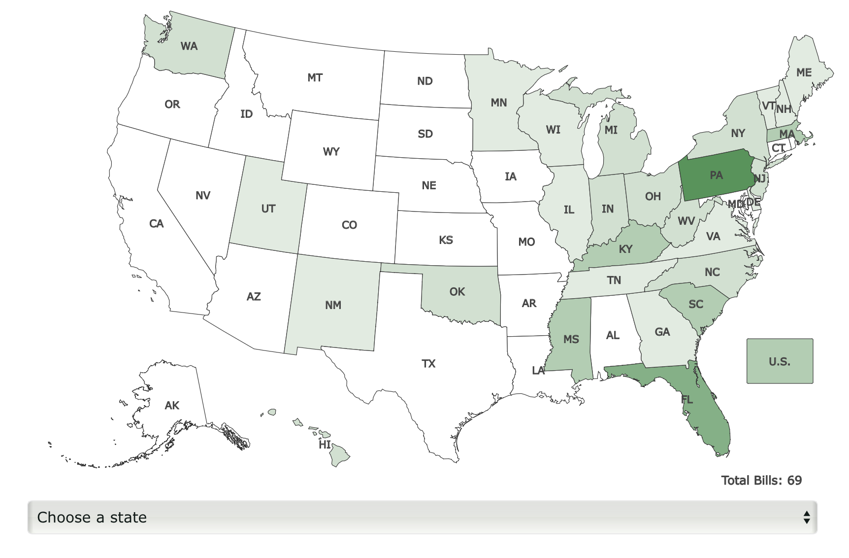 a map of the US with states shaded to represent filed marijuana-related legislation